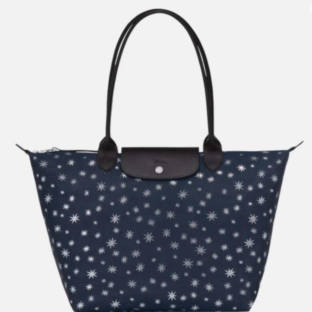 LONGCHAMP Bag LE PLIAGE BLUE w/ SILVER Limited ETOILES STARS Large Long Handle